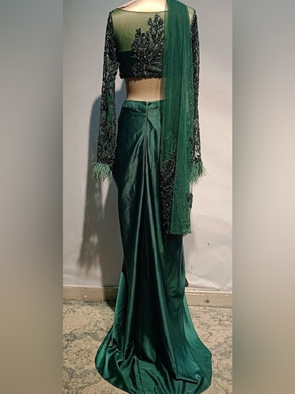 Embellished Dark Green Lehenga Beaded Crop Top with Feather Cuffs - Picture 3 of 8